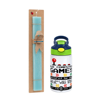 OLD computer games couldn't be won just like real life!, Easter Set, Children's thermal stainless steel bottle with safety straw, green/blue (350ml) & aromatic flat Easter candle (30cm) (TURQUOISE)