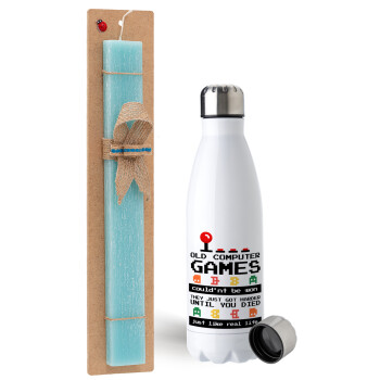 OLD computer games couldn't be won just like real life!, Easter Set, metallic stainless steel water bottle (750ml) & aromatic flat Easter candle (30cm) (TURQUOISE)