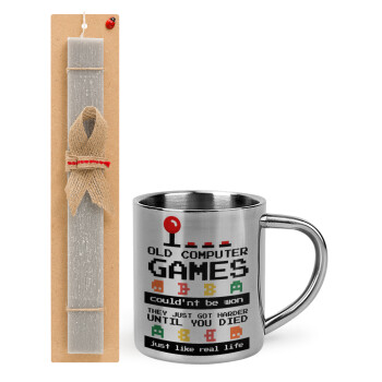 OLD computer games couldn't be won just like real life!, Easter Set, metallic thermal cup (300ml) & Easter aromatic flat candle (30cm) (GRAY)