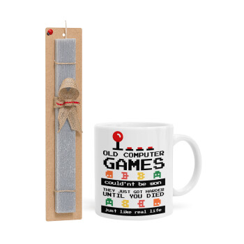 OLD computer games couldn't be won just like real life!, Easter Set, Ceramic Cup (330ml) & Easter aromatic flat candle (30cm) (GRAY)