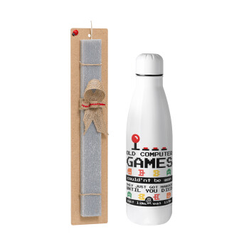 OLD computer games couldn't be won just like real life!, Easter Set, metallic stainless thermos bottle (500ml) & scented flat Easter candle (30cm) (GRAY)