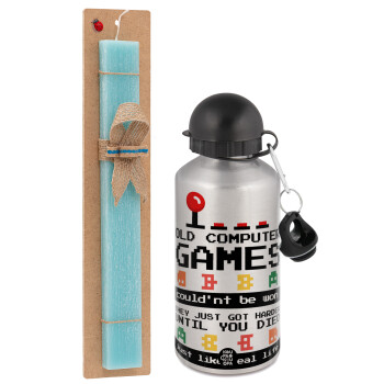 OLD computer games couldn't be won just like real life!, Easter Set, metallic silver aluminum water bottle (500ml) & scented flat Easter candle (30cm) (TURQUOISE)
