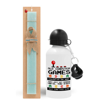 OLD computer games couldn't be won just like real life!, Easter Set, metallic aluminum water bottle (500ml) & scented flat candle (30cm) (TURQUOISE)