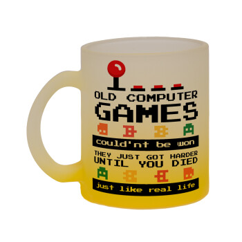OLD computer games couldn't be won just like real life!, Κούπα γυάλινη δίχρωμη με βάση το κίτρινο ματ, 330ml
