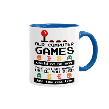 OLD computer games couldn't be won just like real life!, Mug colored blue, ceramic, 330ml
