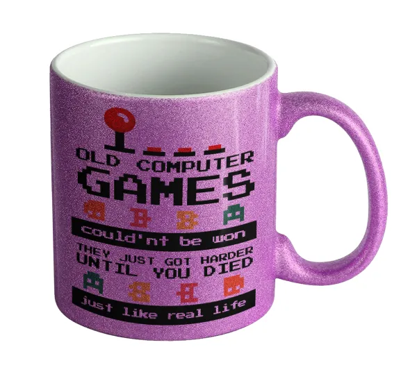 OLD computer games couldn't be won just like real life! — Κούπα Μωβ Glitter που γυαλίζει, κεραμική, 330ml