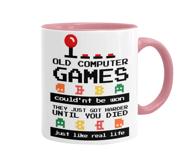OLD computer games couldn't be won just like real life! — Mug colored pink, ceramic, 330ml