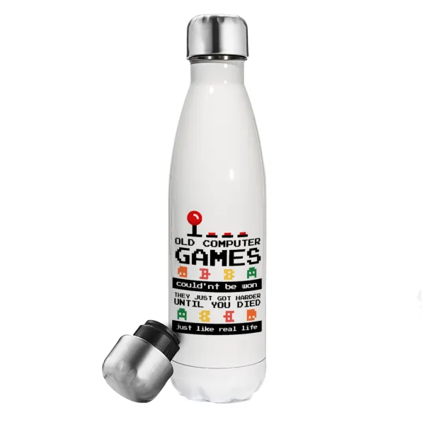 OLD computer games couldn't be won just like real life! — Μεταλλικό παγούρι θερμός Λευκό (Stainless steel), διπλού τοιχώματος, 500ml