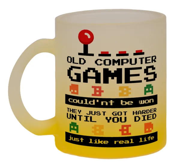 OLD computer games couldn't be won just like real life! — Κούπα γυάλινη δίχρωμη με βάση το κίτρινο ματ, 330ml