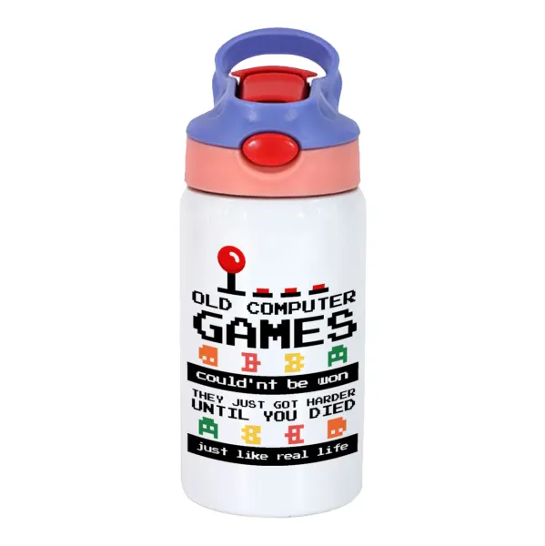 OLD computer games couldn't be won just like real life! — Children's hot water bottle, stainless steel, with safety straw, pink/purple (350ml)