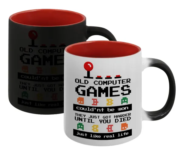 OLD computer games couldn't be won just like real life! — Κούπα Μαγική εσωτερικό κόκκινο, κεραμική, 330ml που αλλάζει χρώμα με το ζεστό ρόφημα