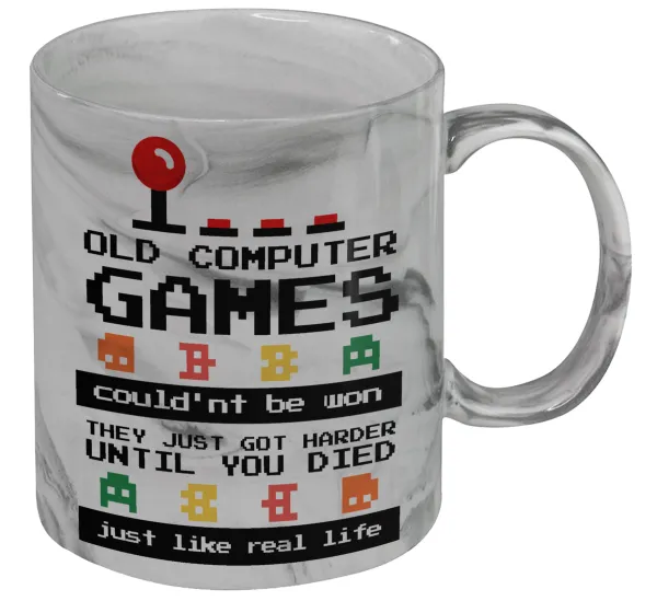 OLD computer games couldn't be won just like real life! — Κούπα κεραμική, marble style (μάρμαρο), 330ml