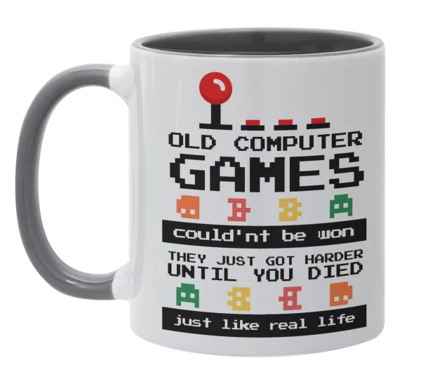 OLD computer games couldn't be won just like real life! — Κούπα χρωματιστή γκρι, κεραμική, 330ml