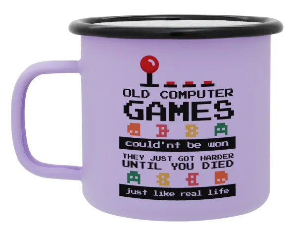 OLD computer games couldn't be won just like real life! — Metal enamel mug, matte light pastel purple, 360ml