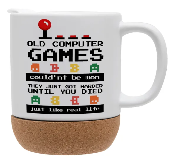 OLD computer games couldn't be won just like real life! — Κούπα, κεραμική με βάση φελού και καπάκι (ΜΑΤ), 330ml
