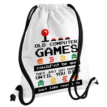 OLD computer games couldn't be won just like real life!, Backpack pouch GYMBAG white, with pocket (40x48cm) & thick cords