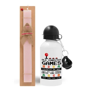 OLD computer games couldn't be won just like real life!, Easter Set, metallic aluminum bottle (500ml) & aromatic flat Easter candle (30cm) (PINK)