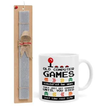 OLD computer games couldn't be won just like real life!, Easter Set, Ceramic Cup (330ml) & Easter aromatic flat candle (30cm) (GRAY)