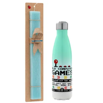 OLD computer games couldn't be won just like real life!, Easter Set, Metallic green/white thermos (Stainless steel), double-walled, 500ml & scented flat Easter candle (30cm) (TURQUOISE)