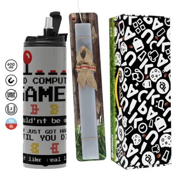 OLD computer games couldn't be won just like real life!, Easter candle with Grey Tumbler Thermo 600ml & aromatic flat candle (30cm) (GREY)