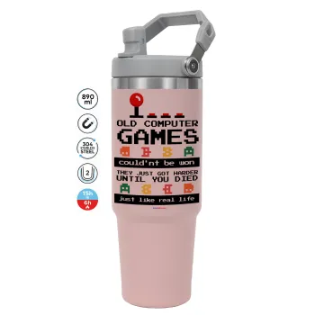 OLD computer games couldn't be won just like real life!, ΡΟΖ χρώματος Θερμός Ανοξείδωτο 890ml (30oz) με χερούλι