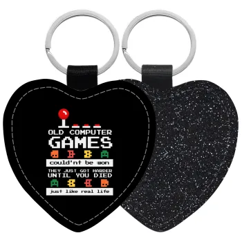 OLD computer games couldn't be won just like real life!, Μπρελόκ PU δερμάτινο glitter καρδιά ΜΑΥΡΟ