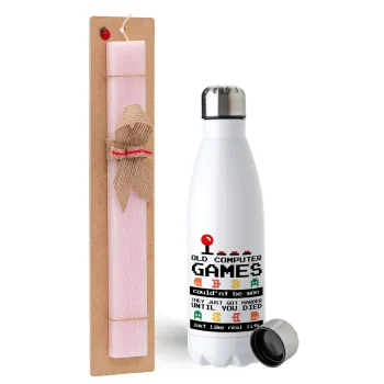 OLD computer games couldn't be won just like real life!, Easter Set, metallic stainless steel water bottle (750ml) & scented flat Easter candle (30cm) (PINK)