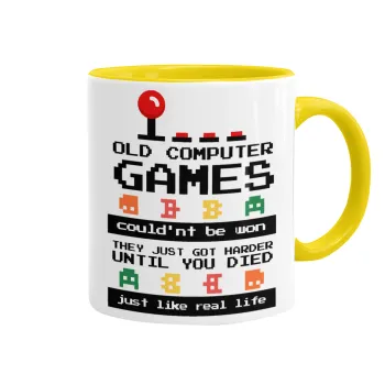 OLD computer games couldn't be won just like real life!, Mug colored yellow, ceramic, 330ml