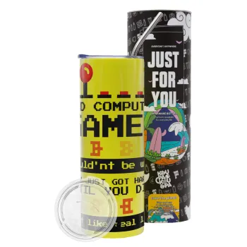 OLD computer games couldn't be won just like real life!, Neon Yellow Travel Tumbler θερμό, μεταλλικό καλαμάκι(Ανωξείδωτο 304 Food grade, BPA free, 600ml)
