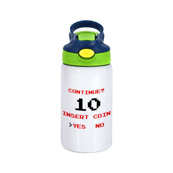 Continue? YES - NO, Children's hot water bottle, stainless steel, with safety straw, green, blue (350ml)