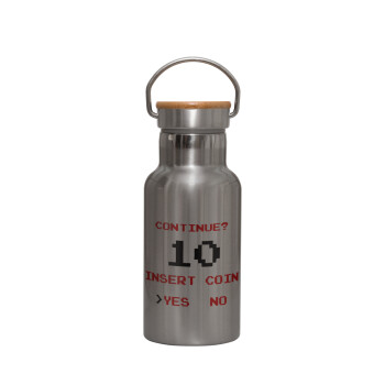 Continue? YES - NO, Stainless steel metallic thermos flask, silver with a bamboo lid, double-walled, 350ml.