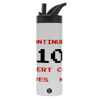 Continue? YES - NO, Metallic thermos bottle with straw & handle, stainless steel (Stainless steel 304), double-walled, 600ml.