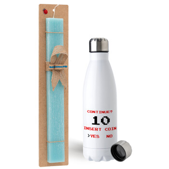 Continue? YES - NO, Easter Set, metallic stainless steel water bottle (750ml) & aromatic flat Easter candle (30cm) (TURQUOISE)