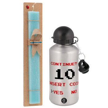 Continue? YES - NO, Easter Set, metallic silver aluminum water bottle (500ml) & scented flat Easter candle (30cm) (TURQUOISE)