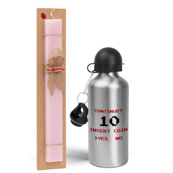 Continue? YES - NO, Easter Set, metallic Silver aluminum water bottle (500ml) & scented flat Easter candle (30cm) (PINK)