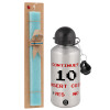 Easter Set, metallic silver aluminum water bottle (500ml) & scented flat Easter candle (30cm) (TURQUOISE)