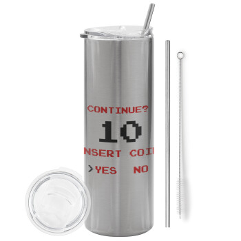 Continue? YES - NO, Eco friendly stainless steel Silver tumbler 600ml, with metal straw & cleaning brush