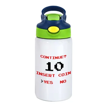Continue? YES - NO, Children's hot water bottle, stainless steel, with safety straw, green, blue (350ml)