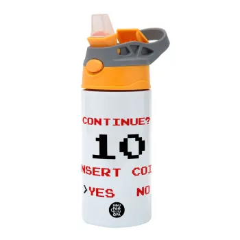 Continue? YES - NO, Children's hot water bottle, stainless steel, with safety straw, Orange/Grey (360ml) BPA-FREE