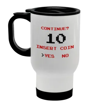 Continue? YES - NO, Stainless steel travel mug with lid, double wall white 450ml