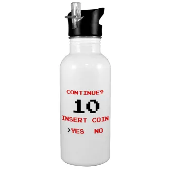 Continue? YES - NO, White water bottle with straw, stainless steel 600ml