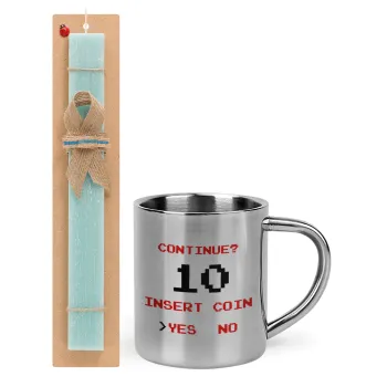 Continue? YES - NO, Easter Set, metallic thermal cup (300ml) & aromatic flat Easter candle (30cm) (TURQUOISE)