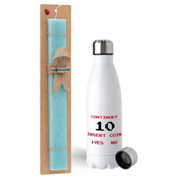 Continue? YES - NO, Easter Set, metallic stainless steel water bottle (750ml) & aromatic flat Easter candle (30cm) (TURQUOISE)