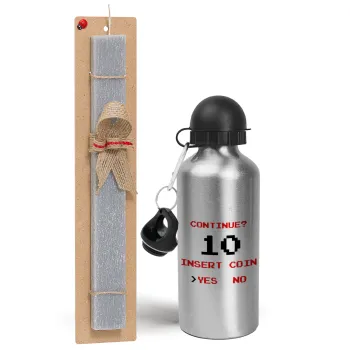Continue? YES - NO, Easter Set, metallic silver aluminum water bottle (500ml) & aromatic flat Easter candle (30cm) (GRAY)