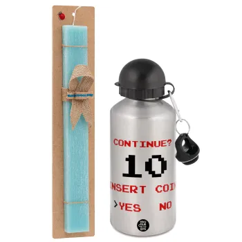 Continue? YES - NO, Easter Set, metallic silver aluminum water bottle (500ml) & scented flat Easter candle (30cm) (TURQUOISE)