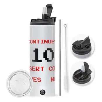 Continue? YES - NO, Travel Tumbler θερμό με διπλό καπάκι, μεταλλικό καλαμάκι και βούρτσα καθαρισμού (Ανωξείδωτο 304 Food grade, BPA free, 600ml)