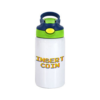 Insert coin!!!, Children's hot water bottle, stainless steel, with safety straw, green, blue (350ml)