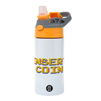 Insert coin!!!, Παιδικό παγούρι θερμό, ανοξείδωτο, με καλαμάκι ασφαλείας, Πορτοκαλί/Γκρι (360ml) BPA-FREE