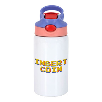 Insert coin!!!, Παιδικό παγούρι θερμό, ανοξείδωτο, με καλαμάκι ασφαλείας, ροζ/μωβ (350ml)