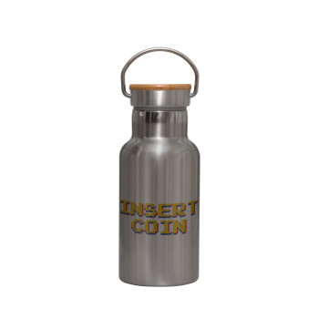 Insert coin!!!, Stainless steel metallic thermos flask, silver with a bamboo lid, double-walled, 350ml.